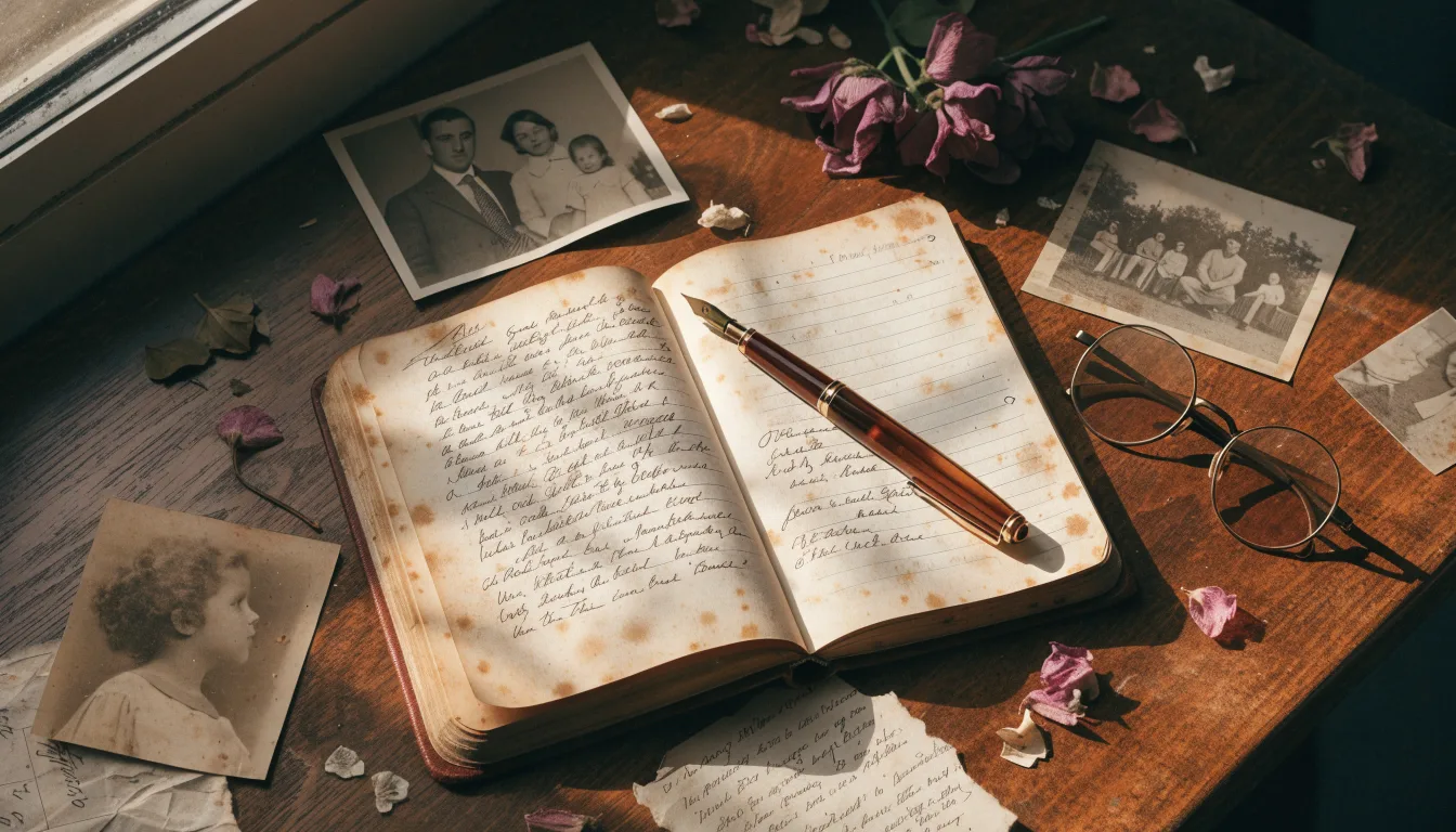 Open dagboek met familiefotos en gedroogde bloemen bij raamlicht