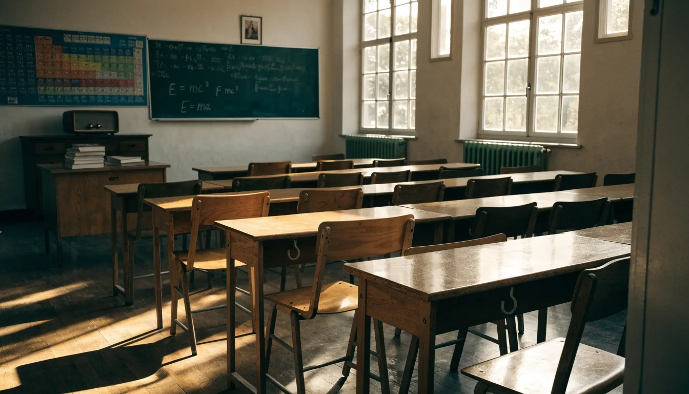 Leeg schoollokaal in middagzon — illustratief composiet (EDITORIAL)